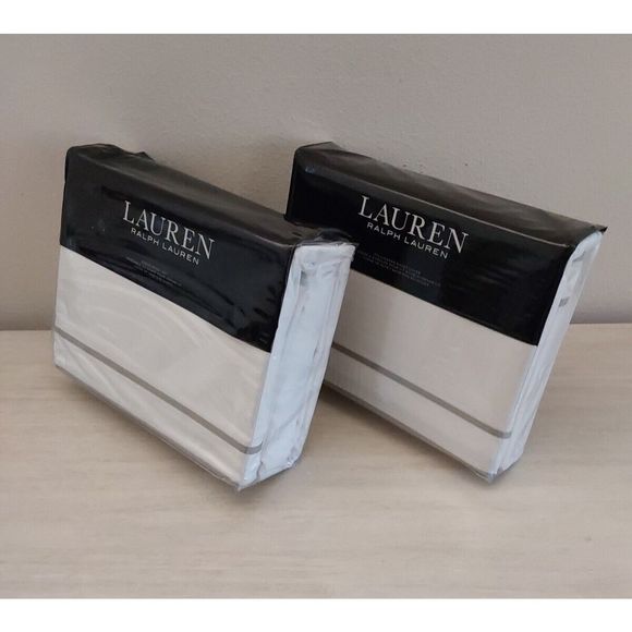 Ralph Lauren SPENCER BORDER SATEEN White Gray Full/Queen Sheet Duvet Cover Set - Picture 1 of 14
